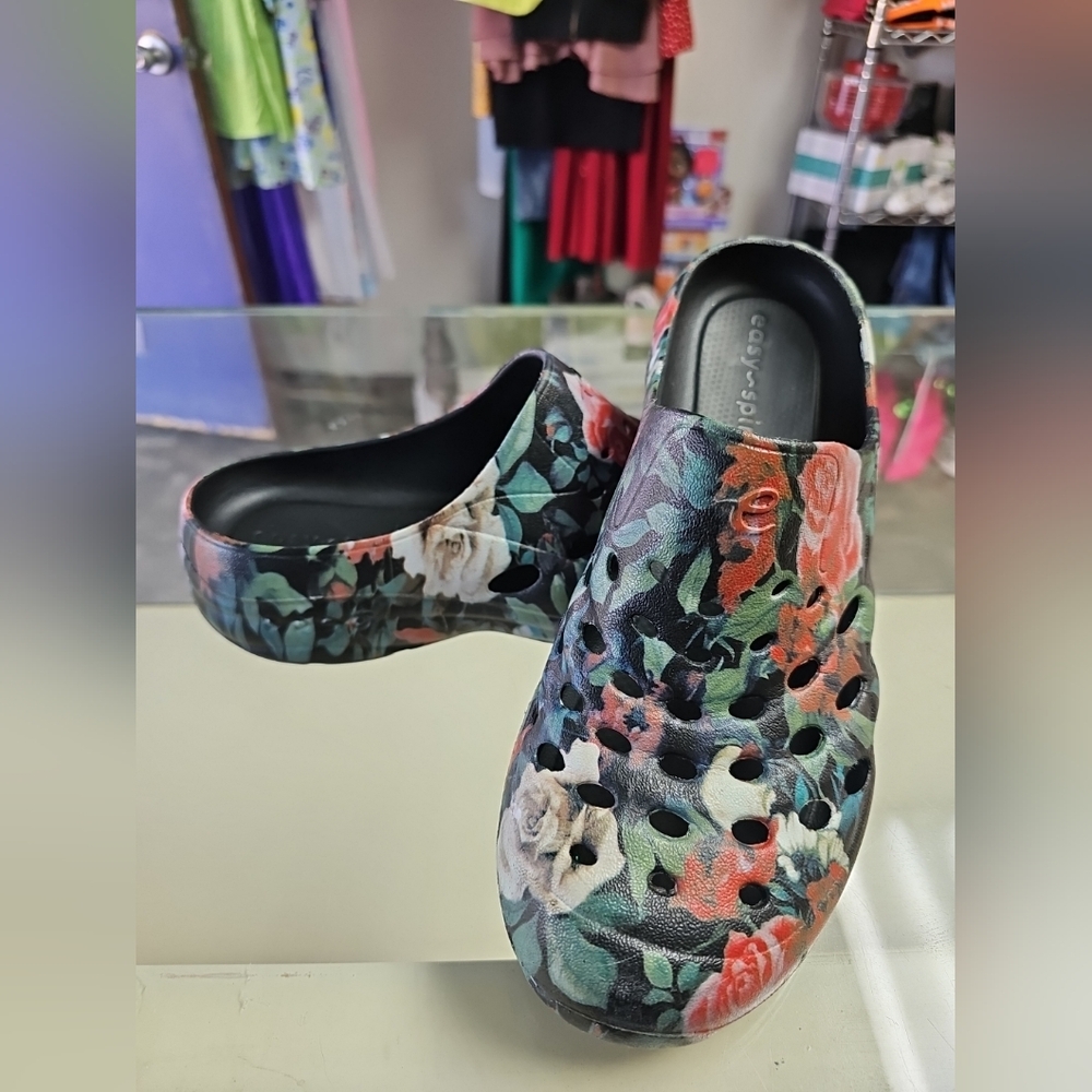 Easy Spirit Slip Resistant Martha Stewart Womens Blue Floral Clog Flat Size 6
